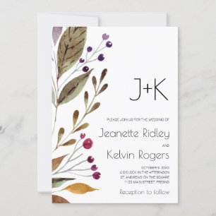 Invitation Aquarelle Bourgogne Fleurs Initiales Mariage