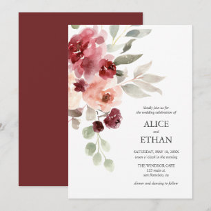 Invitation Aquarelle Bourgogne Fleurs Mariage moderne