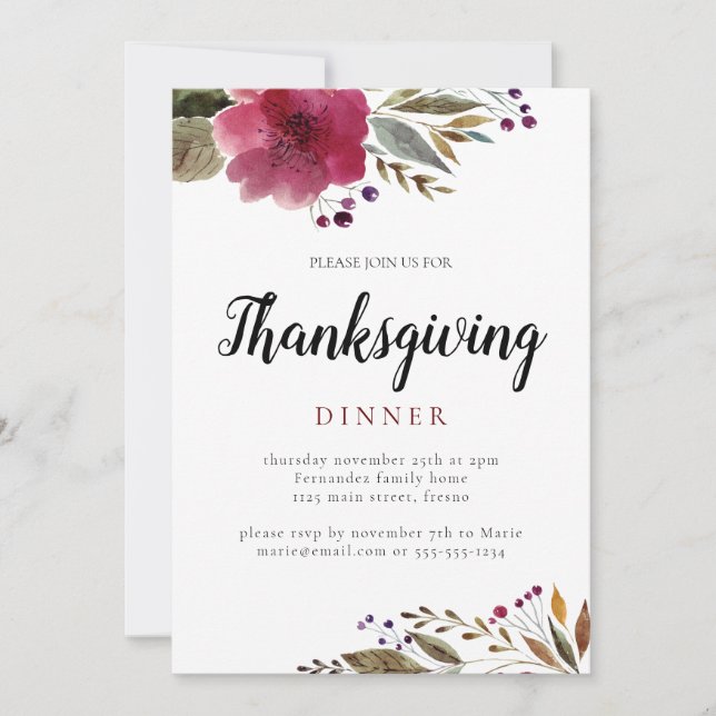 Invitation Aquarelle Bourgogne Fleurs Thanksgiving Dîner (Devant)