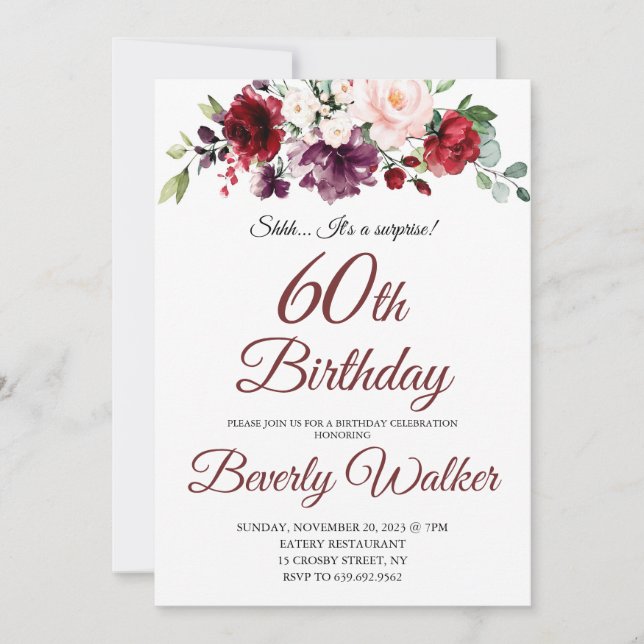 Invitation Aquarelle Bourgogne Floral 60e Anniversaire surpri (Devant)