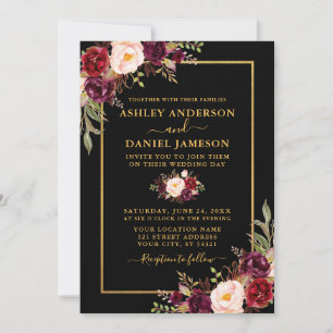 Invitation Aquarelle Bourgogne Floral Black Gold Mariage