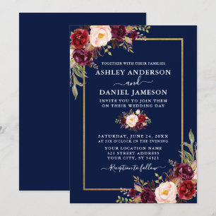 Invitation Aquarelle Bourgogne Floral Blue Gold Mariage
