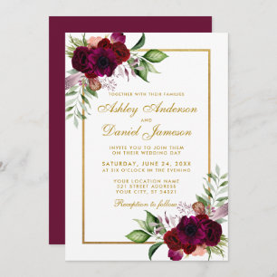 Invitation Aquarelle Bourgogne Floral Boho Gold Mariage
