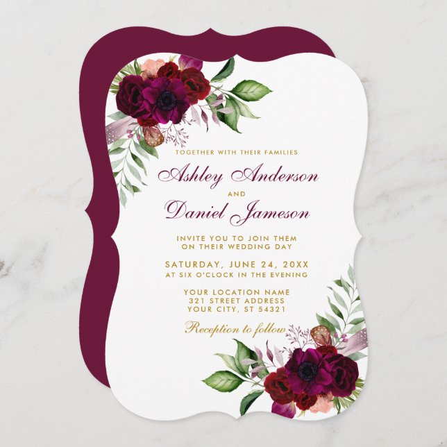 Invitation Aquarelle Bourgogne Floral Boho Gold Mariage B (Devant / Derrière)