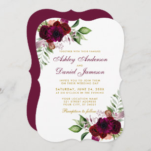 Invitation Aquarelle Bourgogne Floral Boho Gold Mariage B