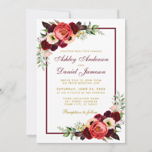 Invitation Aquarelle Bourgogne Floral Boho Mariage Gold BW