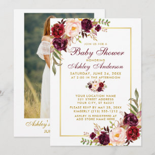 Invitation Aquarelle Bourgogne Floral Douche Or Photo