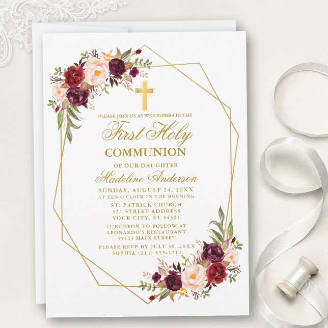 Invitation Aquarelle Bourgogne Floral Geo Frame Communion (Customize to change text size, color, style or to add more text and photos to back of card.)