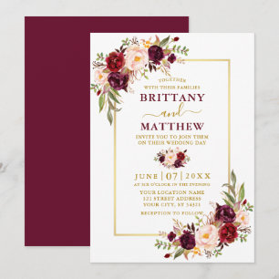 Invitation Aquarelle Bourgogne Floral Gold Frame Mariage