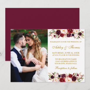 Invitation Aquarelle Bourgogne Floral Gold Photo Mariage