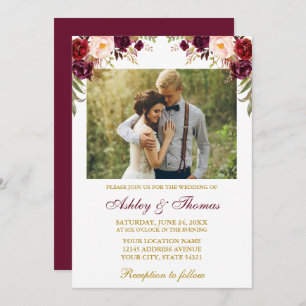 Invitation Aquarelle Bourgogne Floral Gold Photo Mariage