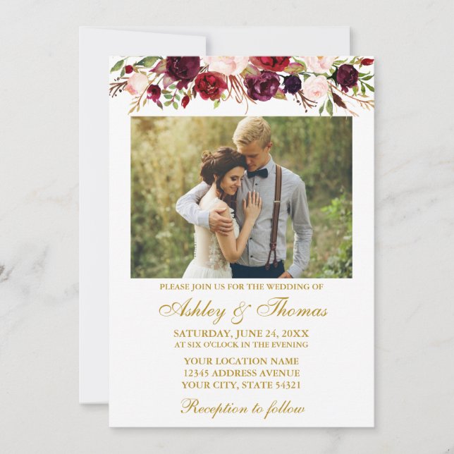 Invitation Aquarelle Bourgogne Floral Gold Photo Mariage (Devant)