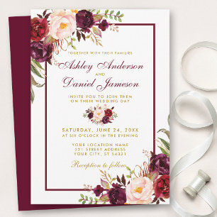 Invitation Aquarelle Bourgogne Floral Gold Wedding Inviter BF