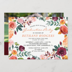 Invitation Aquarelle Bourgogne Floral Graduation Party Photo