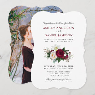 Invitation Aquarelle Bourgogne Floral Greenery Mariage photo