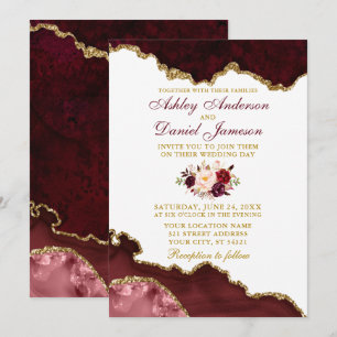 Invitation Aquarelle Bourgogne Floral Marbre Mariage