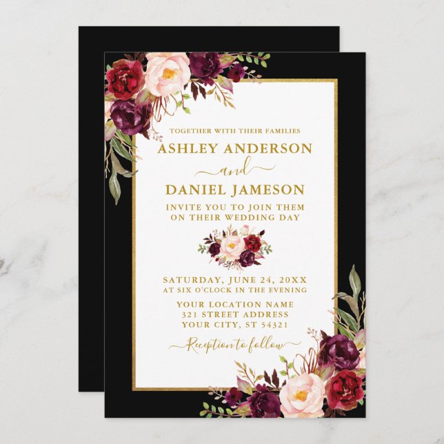 Invitation Aquarelle Bourgogne Floral Mariage Black Gold (Devant / Derrière)