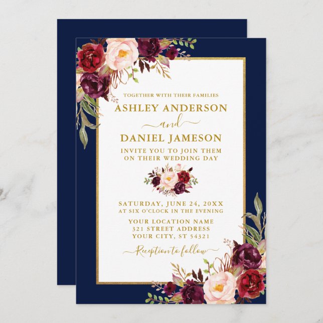 Invitation Aquarelle Bourgogne Floral Mariage Blue Gold (Devant / Derrière)