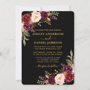 Invitation Aquarelle Bourgogne Floral Mariage noir et or