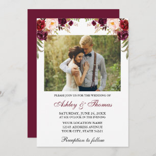 Invitation Aquarelle Bourgogne Floral Mariage photo