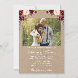 Invitation Aquarelle Bourgogne Floral Mariage photo Kraft