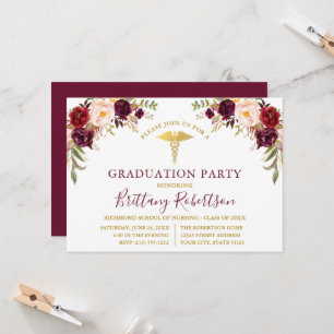 Invitation Aquarelle Bourgogne Floral Médicale Grad Party
