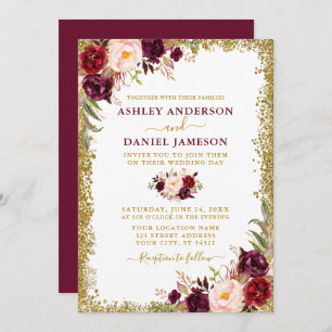 Invitation Aquarelle Bourgogne Floral Parties scintillant or 
