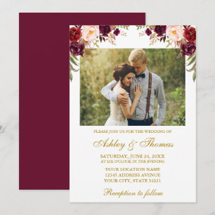 Invitation Aquarelle Bourgogne Floral Photo Mariage or