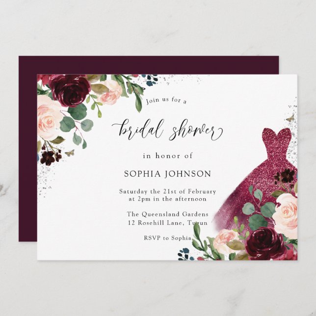Invitation Aquarelle Bourgogne Floral Robe Fête des mariées (Devant / Derrière)