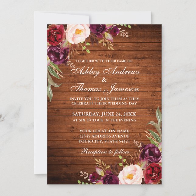 Invitation Aquarelle Bourgogne Floral Rustique Bois Mariage (Devant)