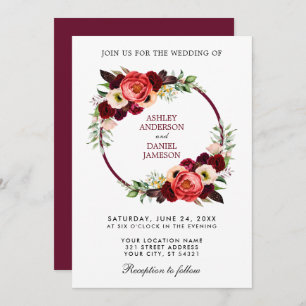 Invitation Aquarelle Bourgogne Floral Wreath Boho Mariage