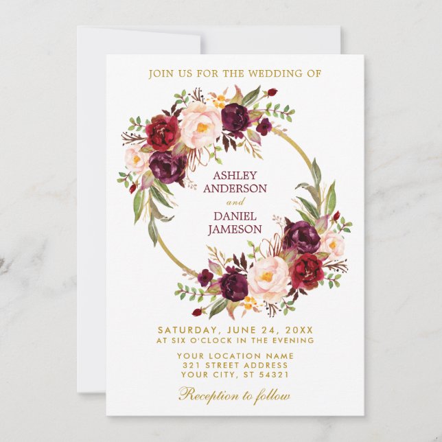 Invitation Aquarelle Bourgogne Floral Wreath Gold Mariage (Devant)