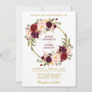 Invitation Aquarelle Bourgogne Floral Wreath Gold Mariage