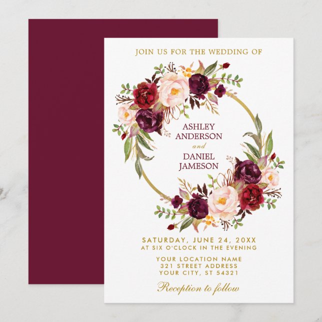 Invitation Aquarelle Bourgogne Floral Wreath Gold Mariage B (Devant / Derrière)
