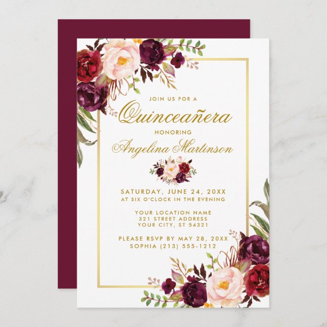 Invitation Aquarelle Bourgogne Florale Quinceanera Or (Devant / Derrière)