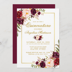 Invitation Aquarelle Bourgogne Florale Quinceanera Or