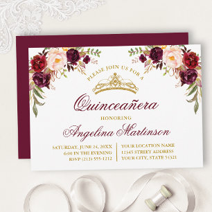 Invitation Aquarelle Bourgogne Florale Quinceanera Party
