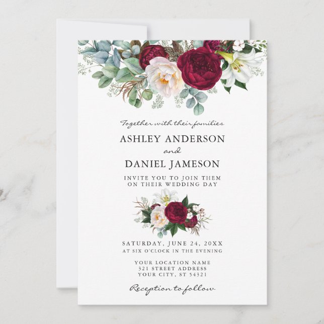 Invitation Aquarelle Bourgogne Flore Vert Mariage W (Devant)