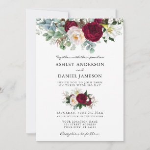 Invitation Aquarelle Bourgogne Flore Vert Mariage W