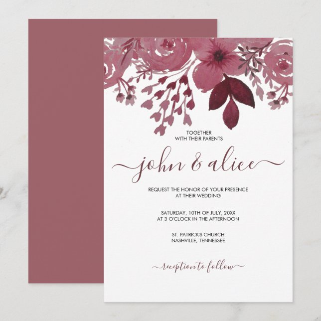 Invitation Aquarelle Bourgogne Mariage Floral (Devant / Derrière)