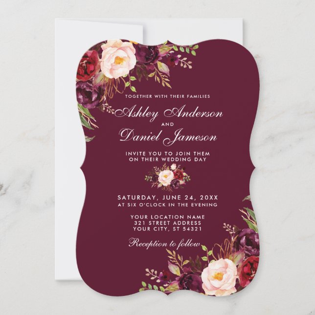 Invitation Aquarelle Bourgogne Mariage Floral Inviter B (Devant)