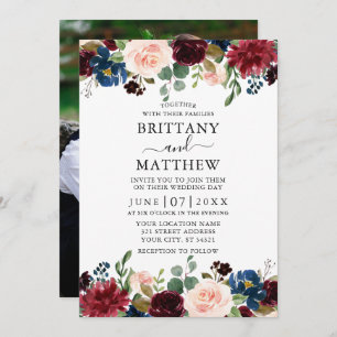 Invitation Aquarelle Bourgogne Mariage photo floral mixte