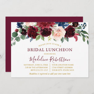 Invitation Aquarelle Bourgogne Mixte Floral Bridal Lunch Gold