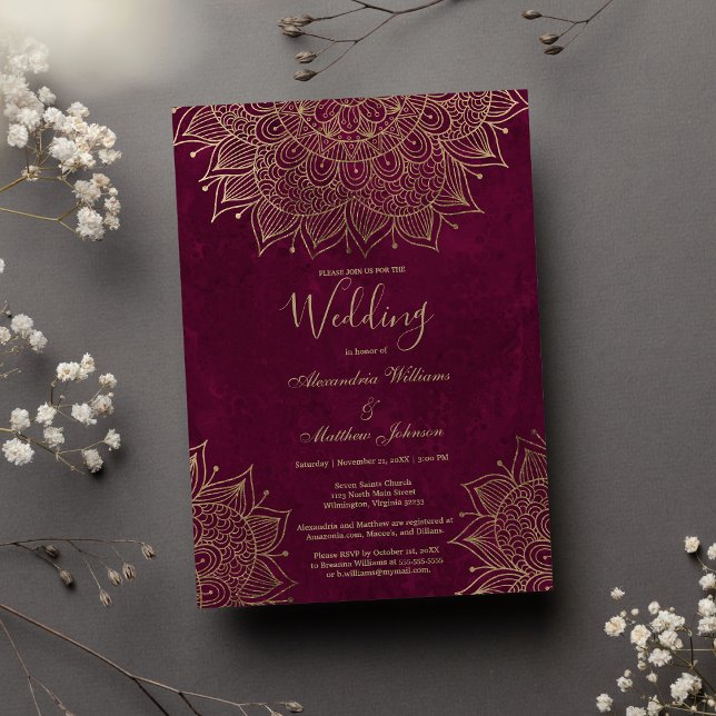 Invitation Aquarelle bourgogne or Mariage de mandala floral (Watercolor burgundy gold floral mandala Wedding )
