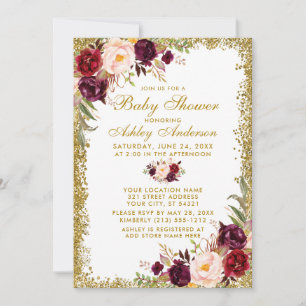 Invitation Aquarelle Bourgogne Parties scintillant Florale Ba