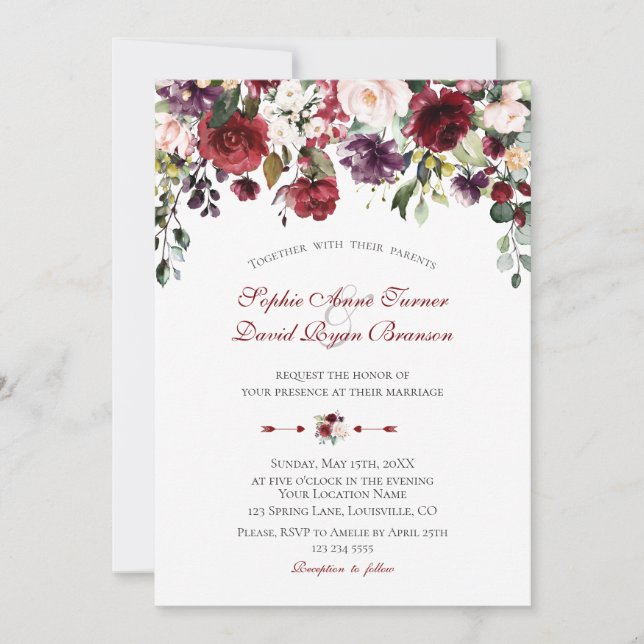 Invitation Aquarelle Bourgogne Plum Blush Flowers Mariage (Devant)