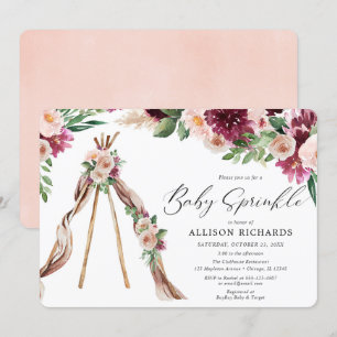 Invitation Aquarelle Bourgogne rose Boho saupoudrée de bébé