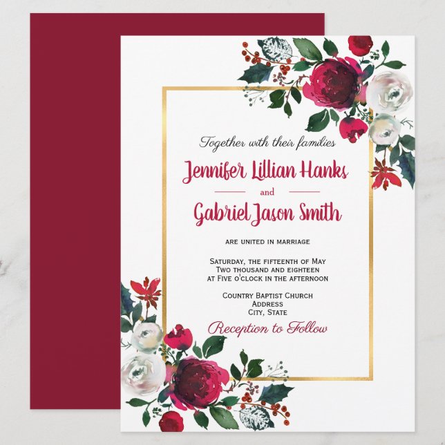 Invitation Aquarelle Bourgogne rose cadre or floral mariage (Devant / Derrière)
