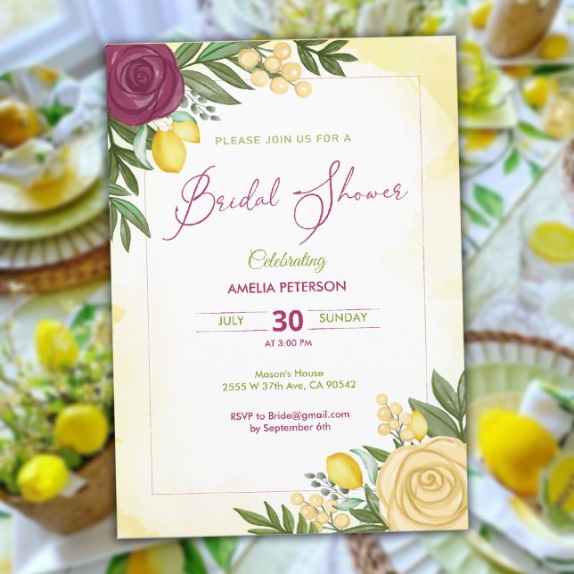Invitation Aquarelle Bourgogne Rose & douche au citron (Watercolor Burgundy Rose & lemon bridal shower Invitation)