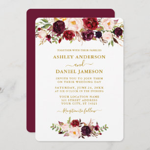 Invitation Aquarelle Bourgogne rose Floral Mariage Or